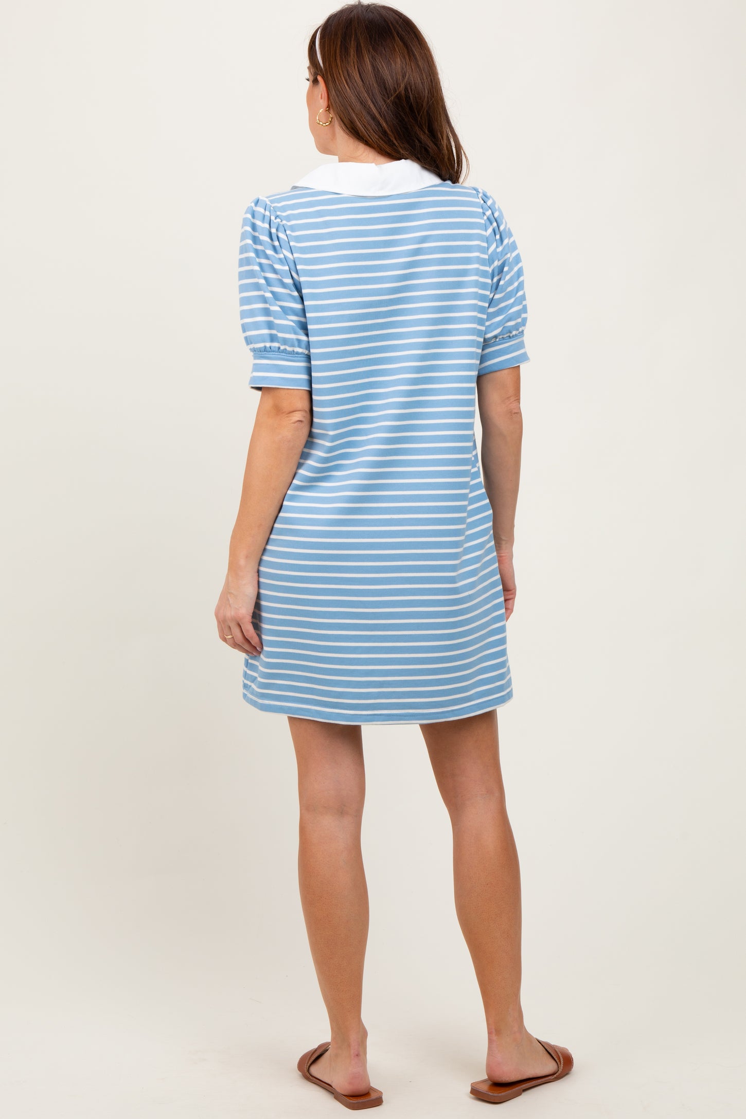 Light Blue Striped Collared Puff Sleeve Dress