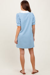 Light Blue Striped Collared Puff Sleeve Dress