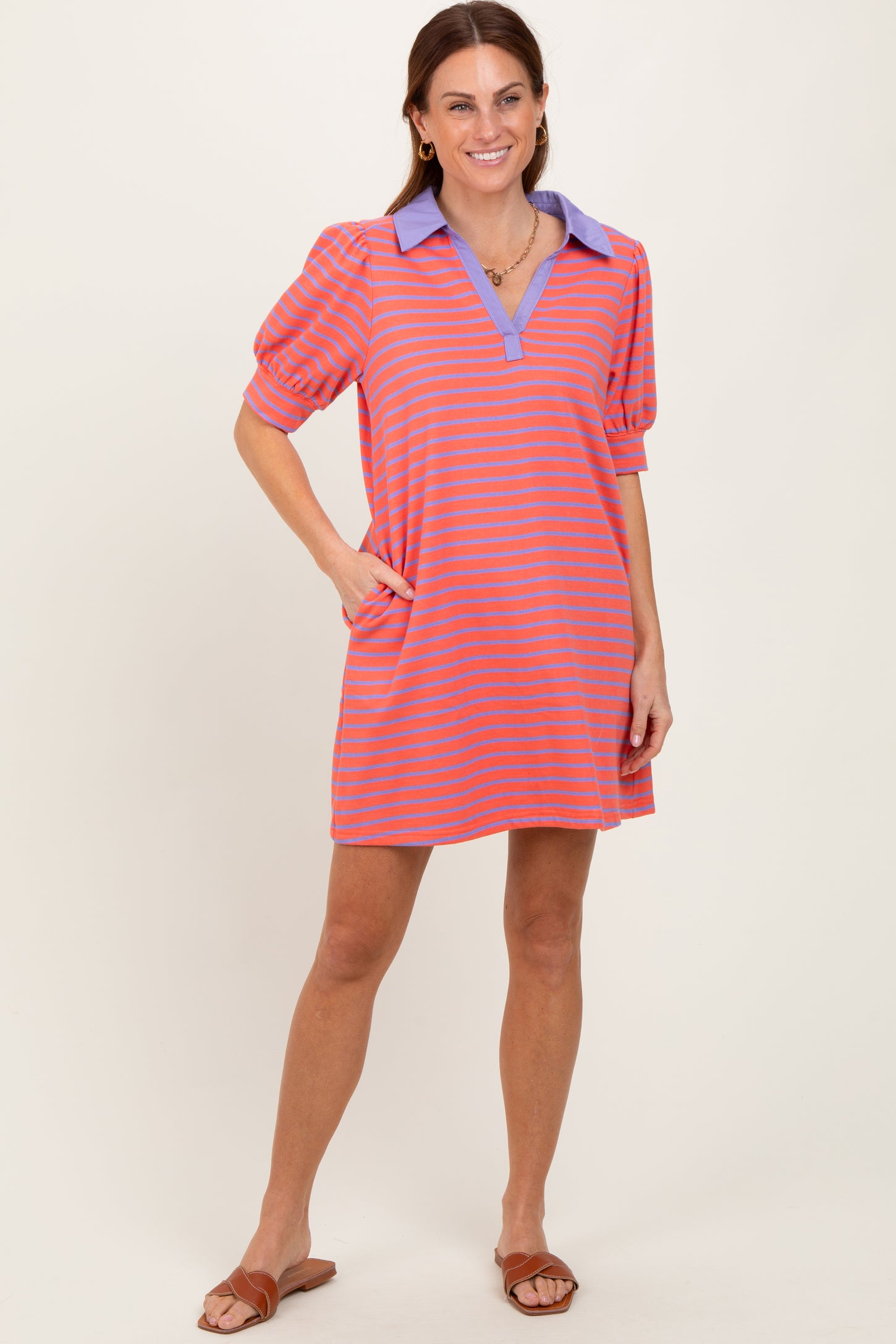 Coral Striped Collared Puff Sleeve Dress