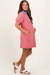 Coral Striped Collared Puff Sleeve Maternity Dress