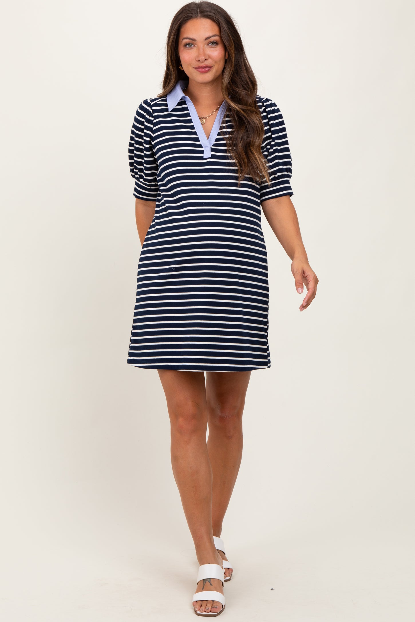 Navy Striped Collared Puff Sleeve Maternity Dress