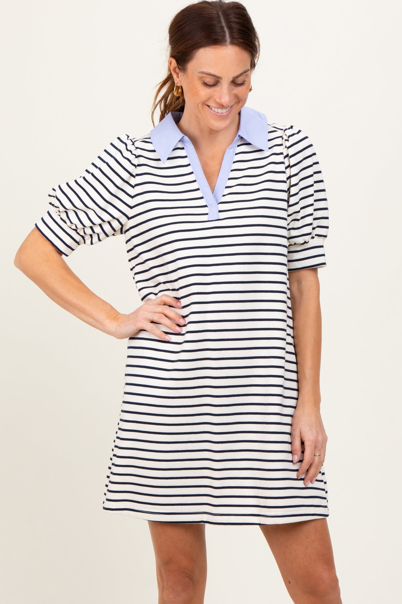 White Striped Collared Puff Sleeve Dress