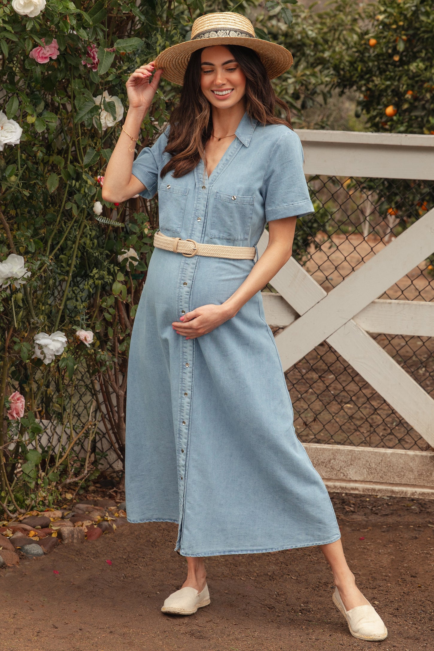 Light Blue Chambray Button Down Maternity Midi Shirt Dress