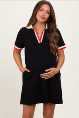 Black Contrast Trim Maternity Mini Polo Dress