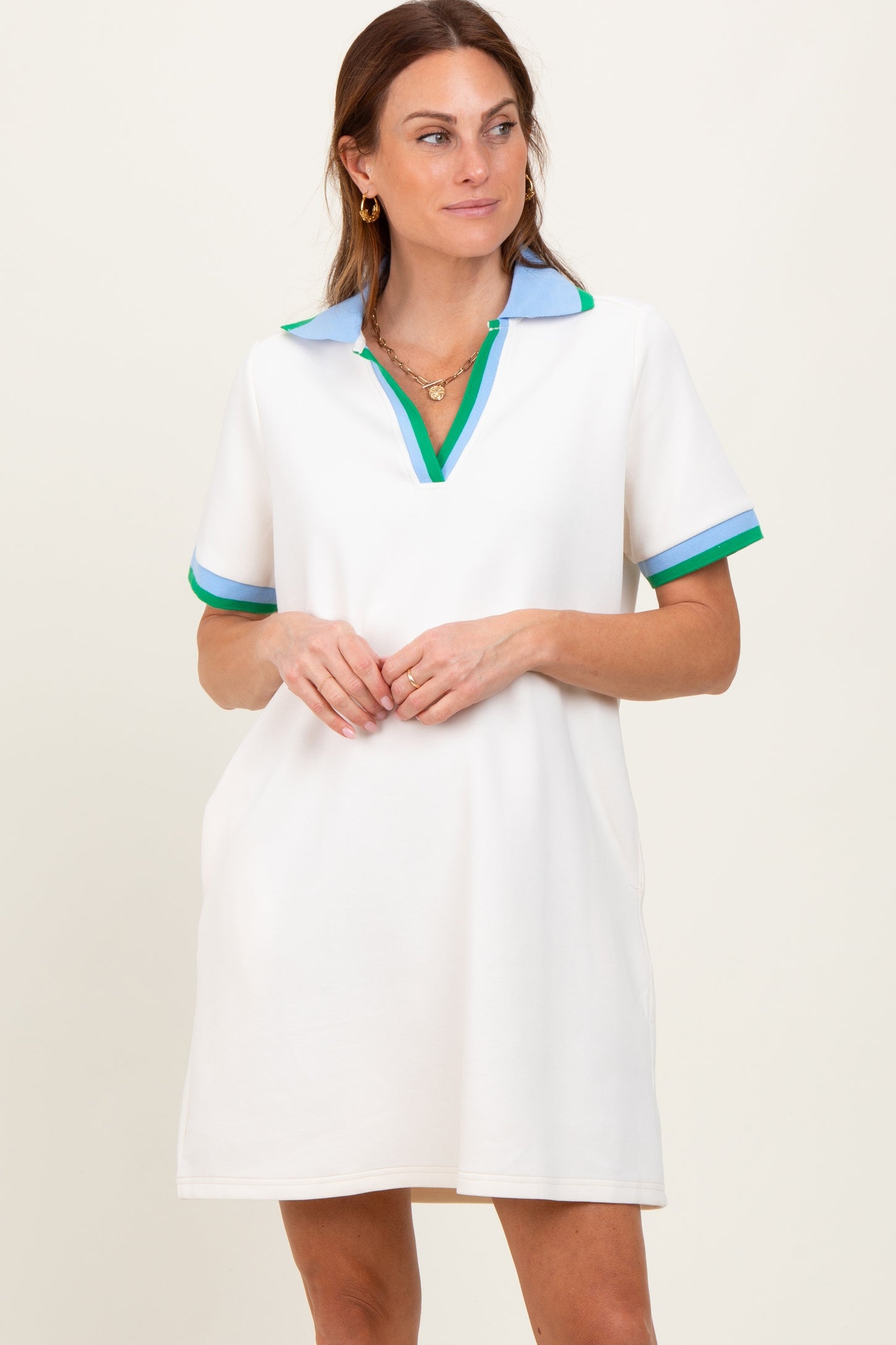 Cream Contrast Trim Maternity Mini Polo Dress