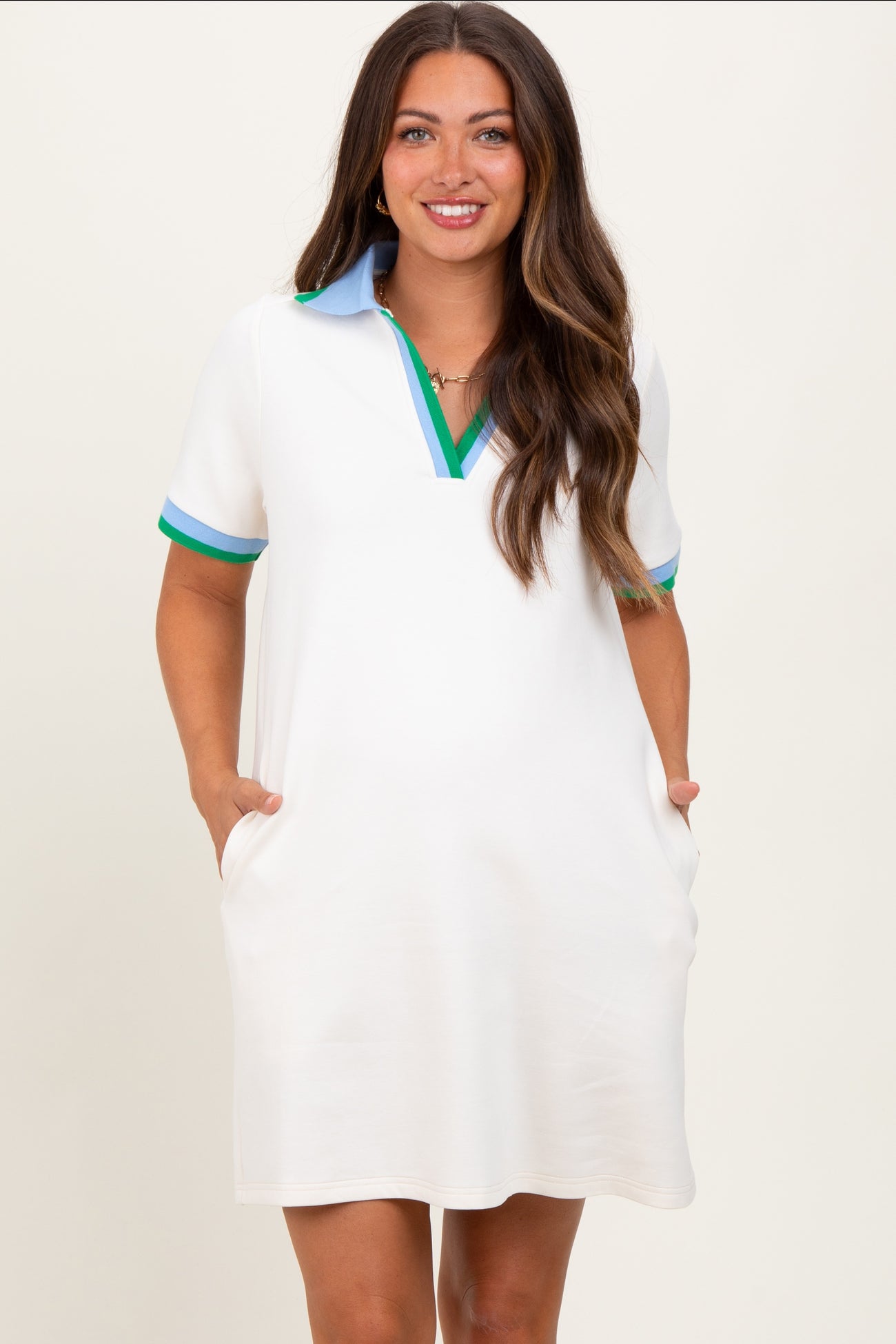 Cream Contrast Trim Maternity Mini Polo Dress