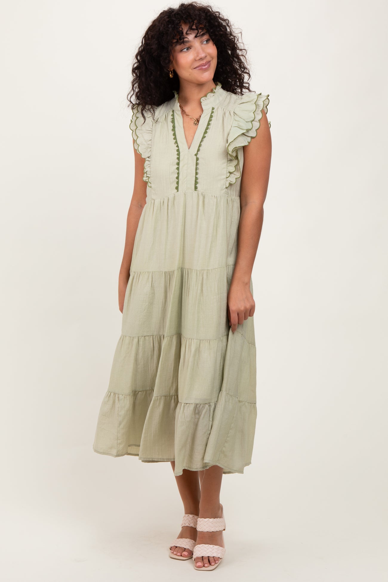 Light Olive Scallop Detail Tiered Midi Dress