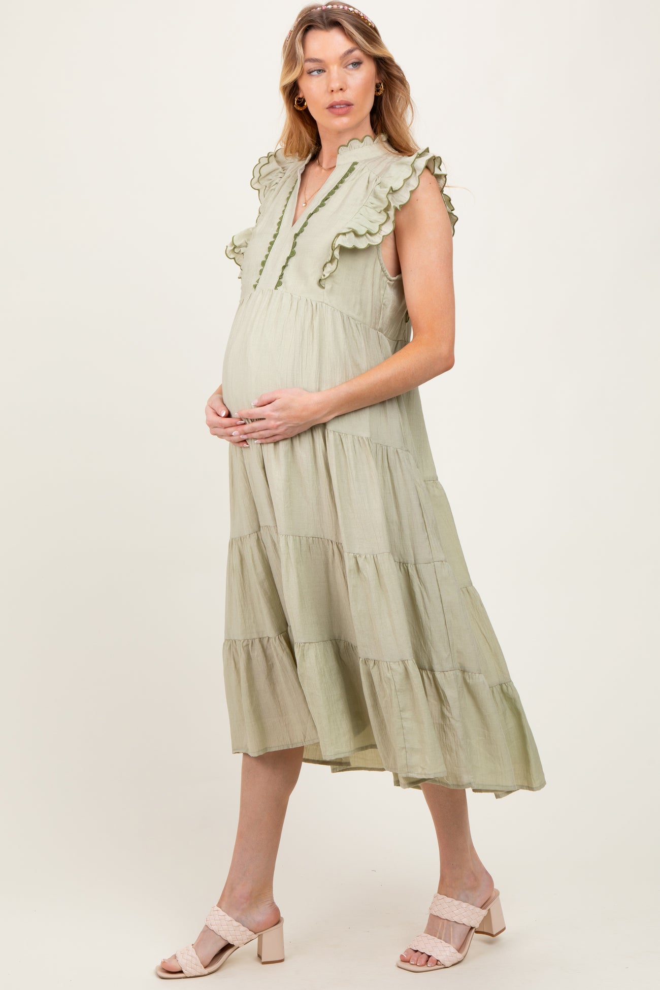 Light Olive Scallop Detail Tiered Maternity Midi Dress