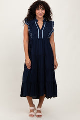 Navy Scallop Detail Tiered Midi Dress