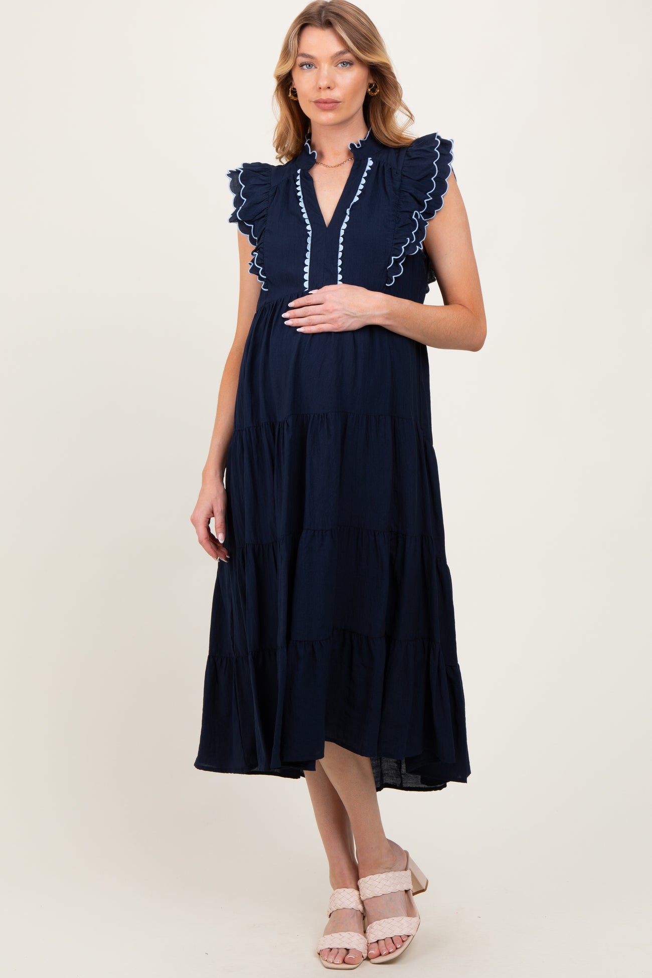 Navy Scallop Detail Tiered Maternity Midi Dress