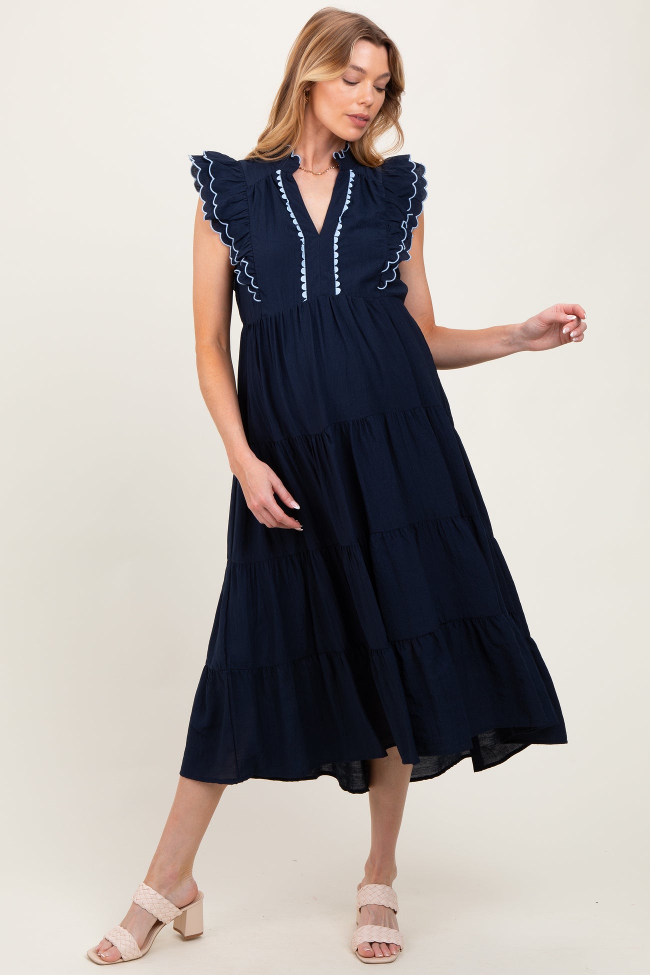 Navy Scallop Detail Tiered Maternity Midi Dress