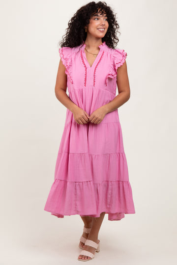 Pink Scallop Detail Tiered Midi Dress