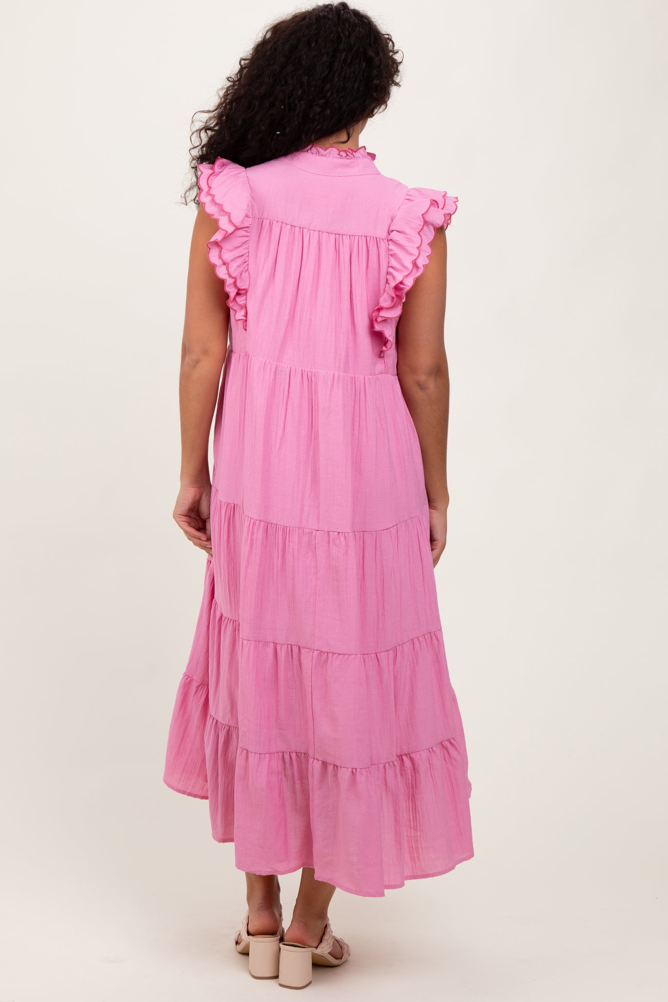 Pink Scallop Detail Tiered Midi Dress