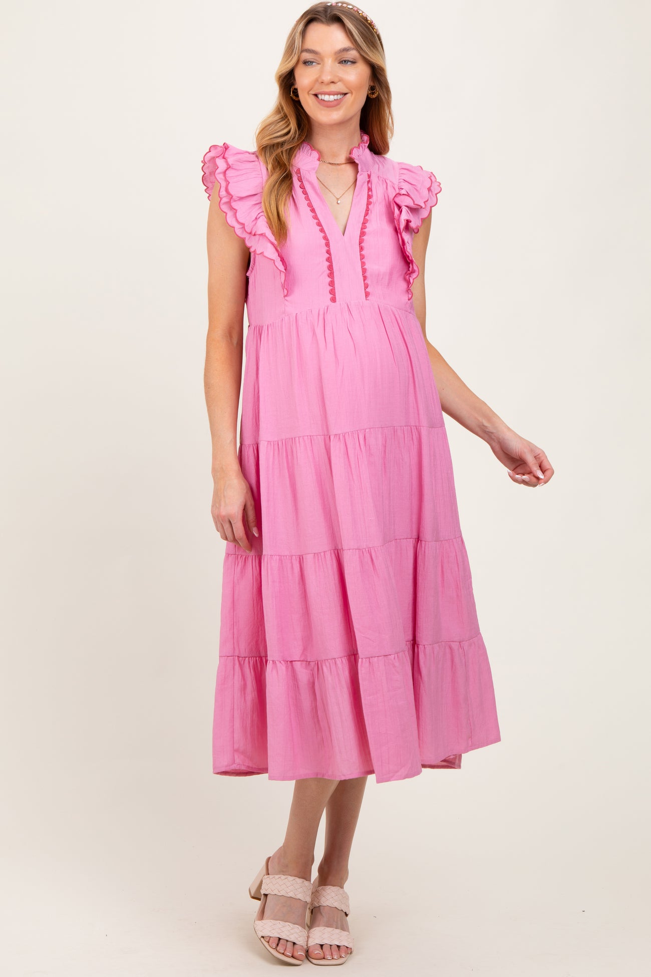 Pink Scallop Detail Tiered Maternity Midi Dress
