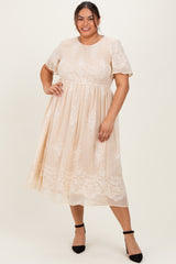Cream Embroidered Smocked Plus Midi Dress