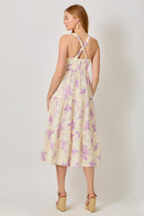 woman wearing a yellow floral midi dress with cross-back straps and tiered skirt, viewed from the back