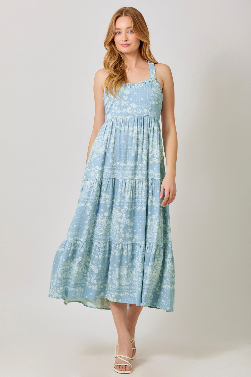 Light Blue Floral Tiered Crisscross Back Maternity Midi Dress