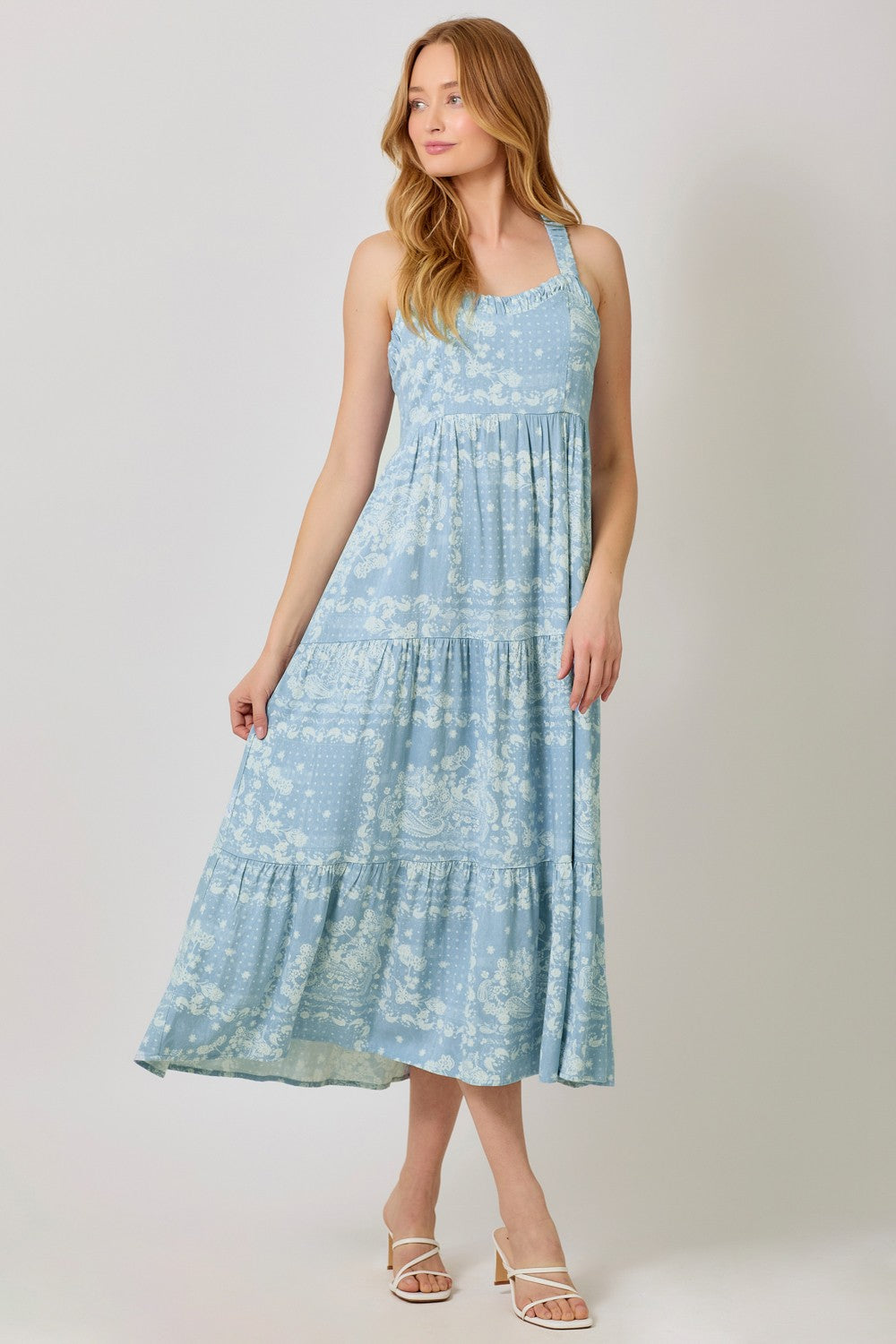 Light Blue Floral Tiered Crisscross Back Midi Dress