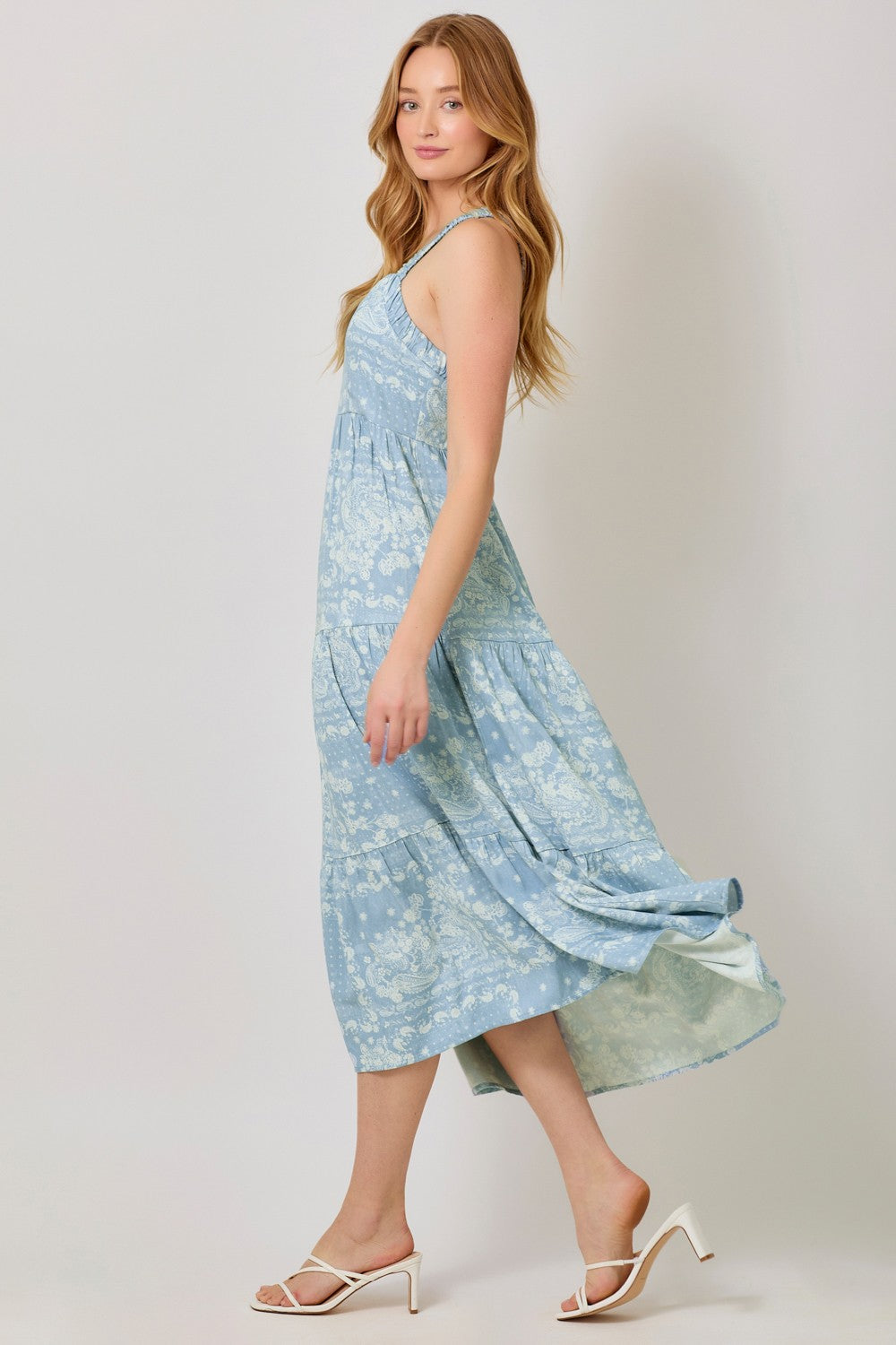Light Blue Floral Tiered Crisscross Back Midi Dress