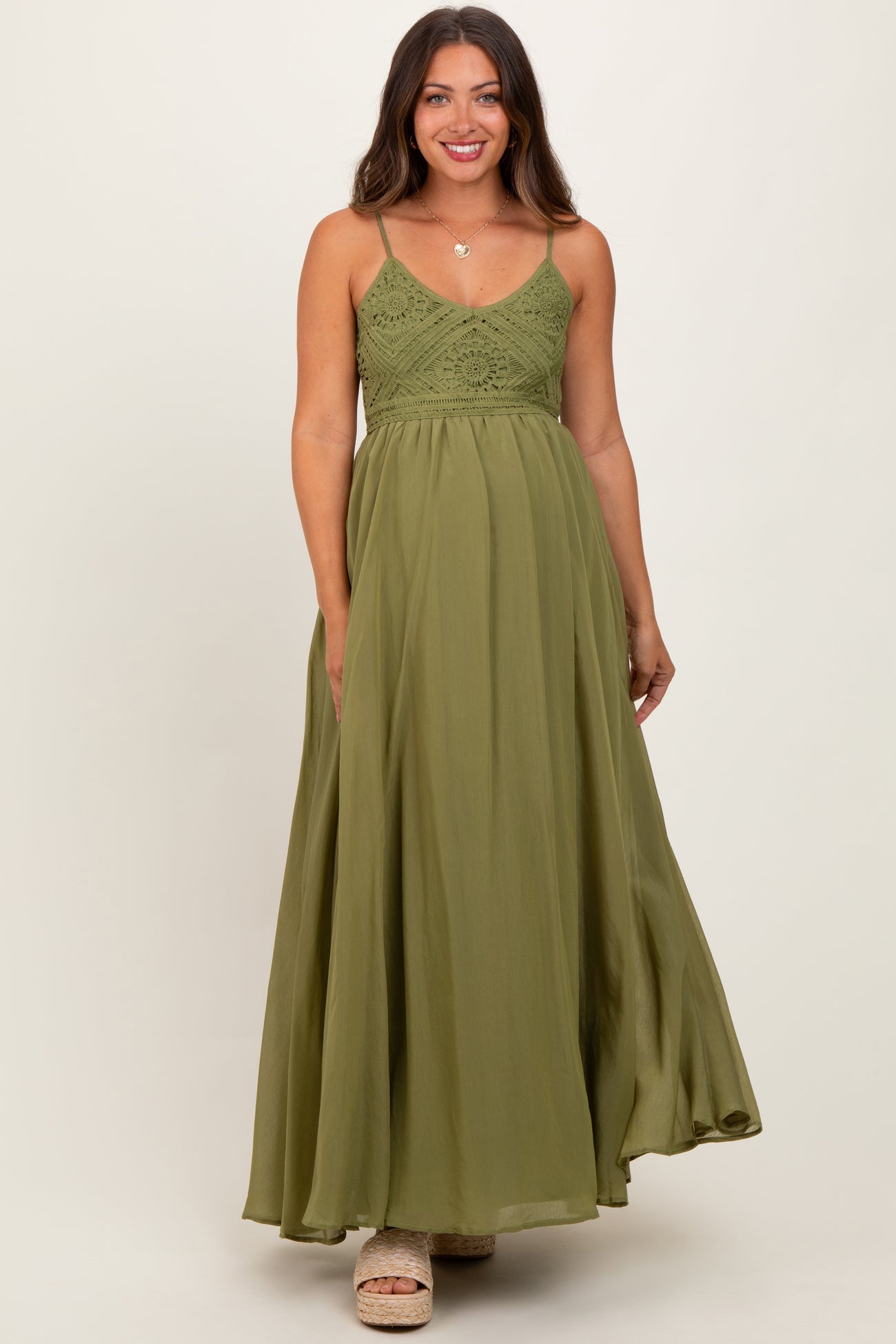 Green Crochet Bodice Maternity Maxi Dress