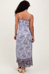 Blue Floral Front Cutout Side Slit Maxi Dress