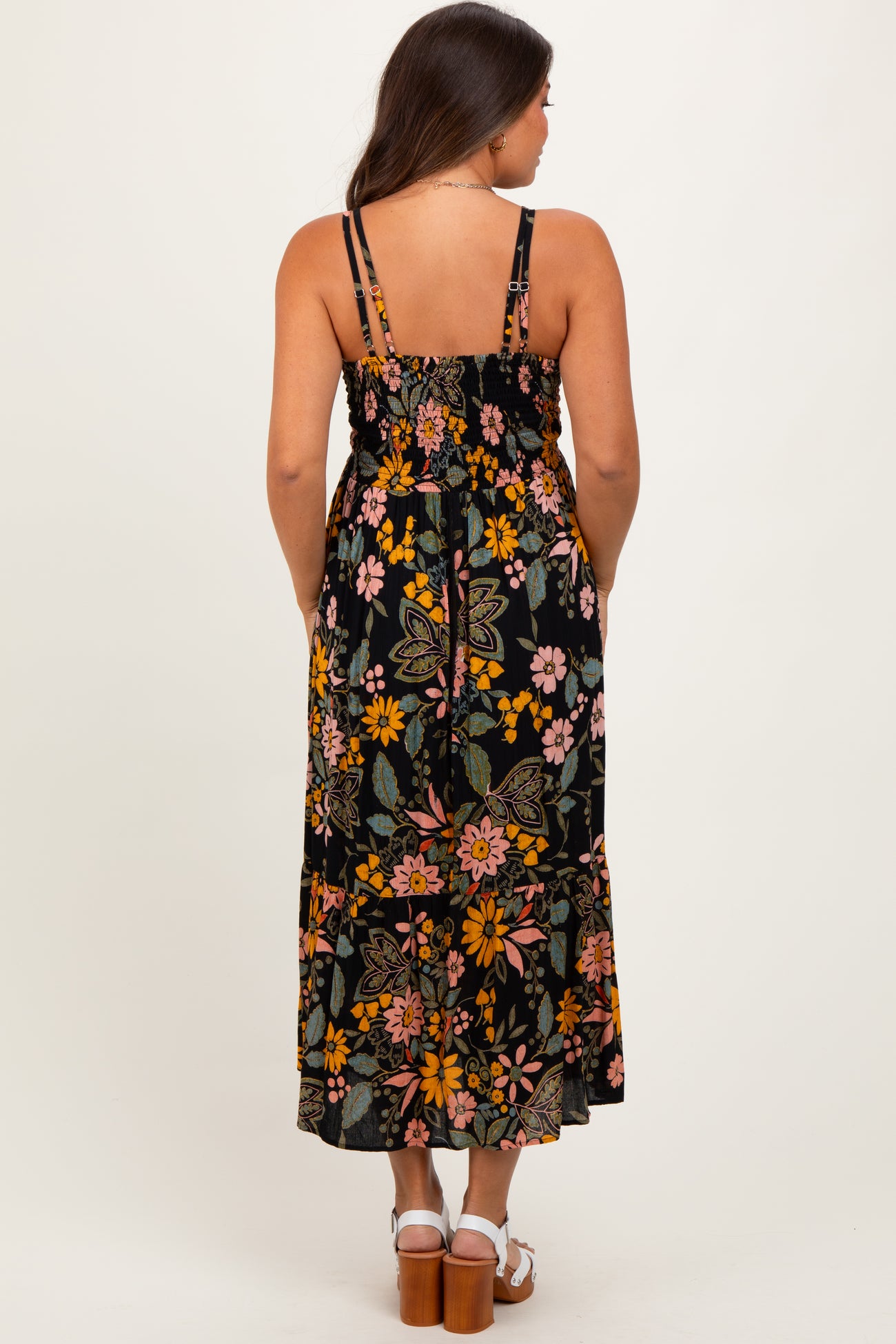 Black Floral Lace Inset Maternity Midi Dress