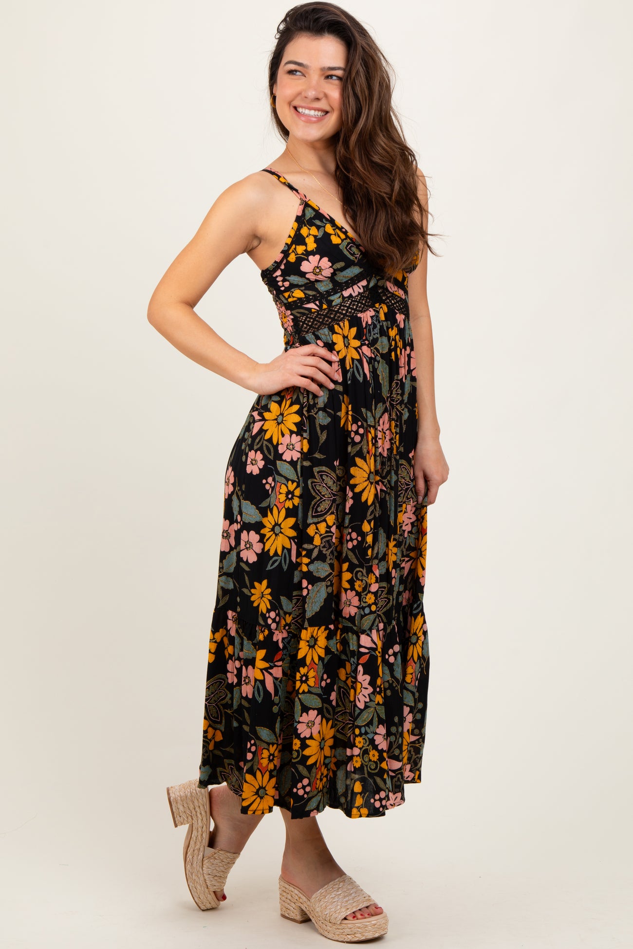 Black Floral Lace Inset Midi Dress