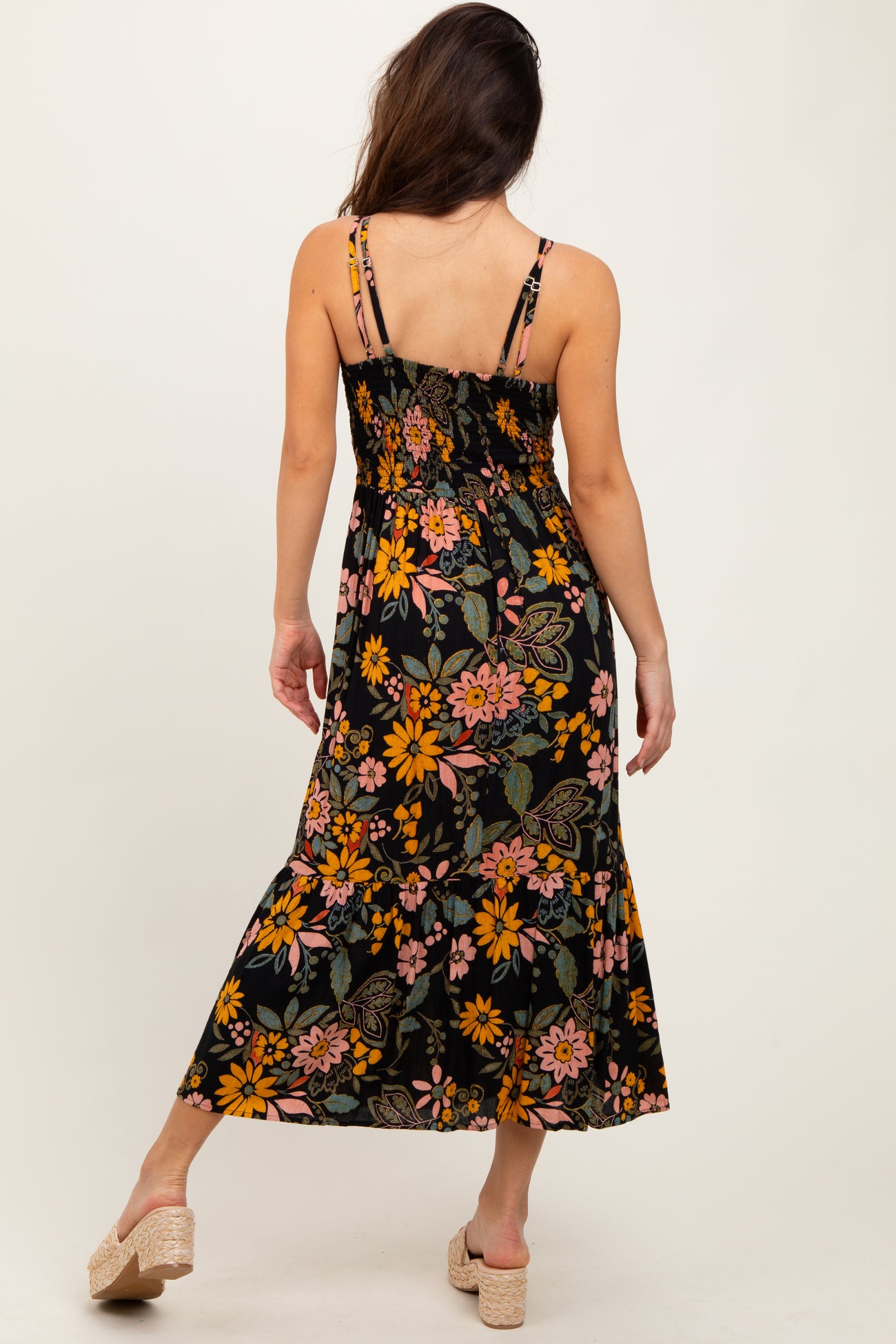 Black Floral Lace Inset Midi Dress