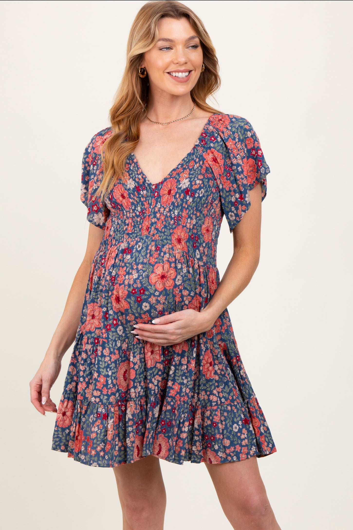 Blue Floral Smocked V-Neck Flutter Sleeve Maternity Dress