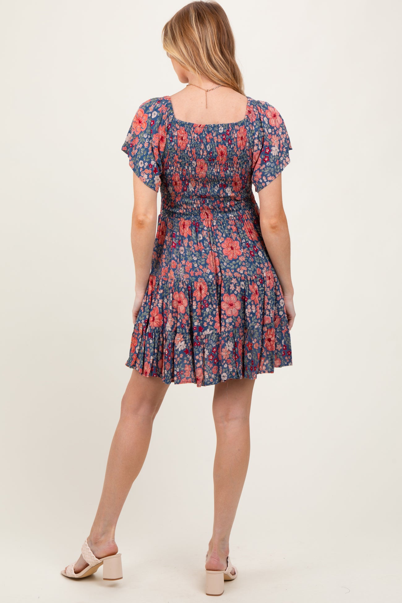 Blue Floral Smocked V-Neck Flutter Sleeve Maternity Dress