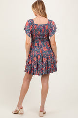 Blue Floral Smocked V-Neck Flutter Sleeve Maternity Dress