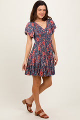 Blue Floral Smocked V-Neck Flutter Sleeve Dress