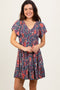 Blue Floral Smocked V-Neck Flutter Sleeve Dress