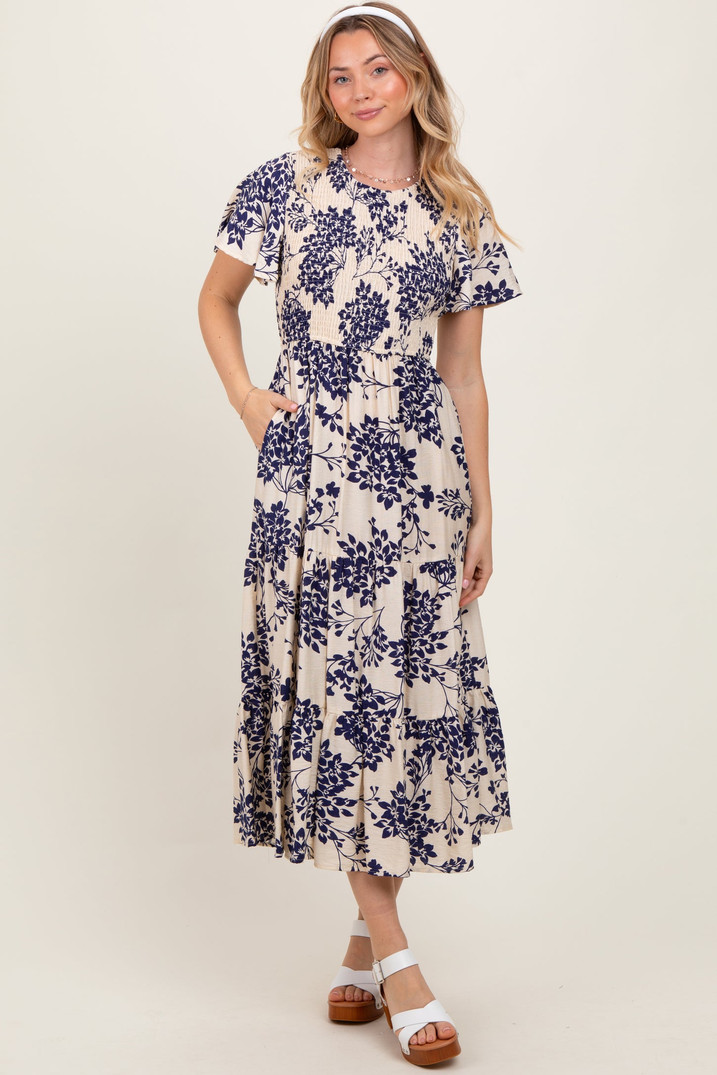 Navy Floral Smocked Ruffle Hem Midi Dress