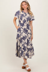 Navy Floral Smocked Ruffle Hem Midi Dress