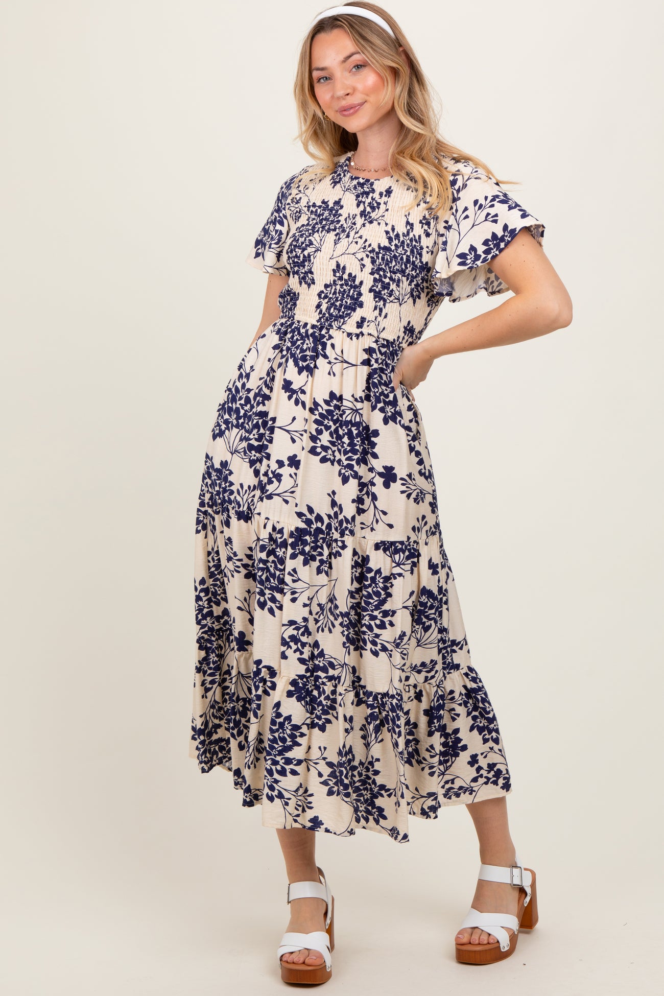 Navy Floral Smocked Ruffle Hem Midi Dress