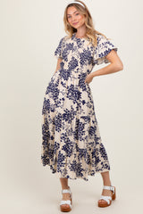 Navy Floral Smocked Ruffle Hem Midi Dress