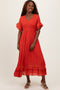 Rust Smocked Crochet Ruffle Trim Midi Dress