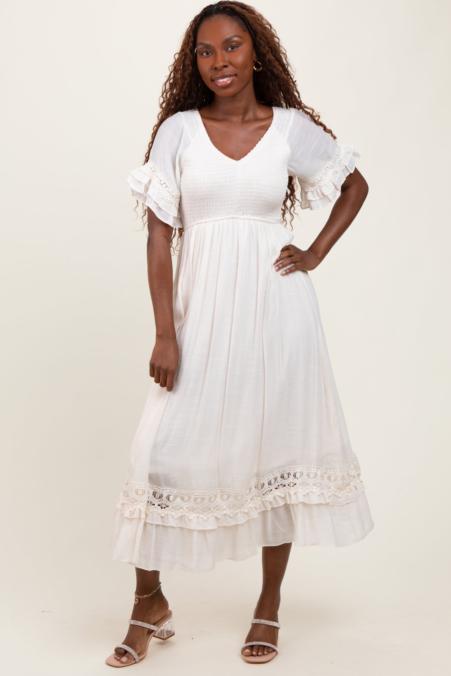 Cream Smocked Crochet Ruffle Trim Midi Dress