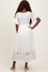 Cream Smocked Crochet Ruffle Trim Midi Dress