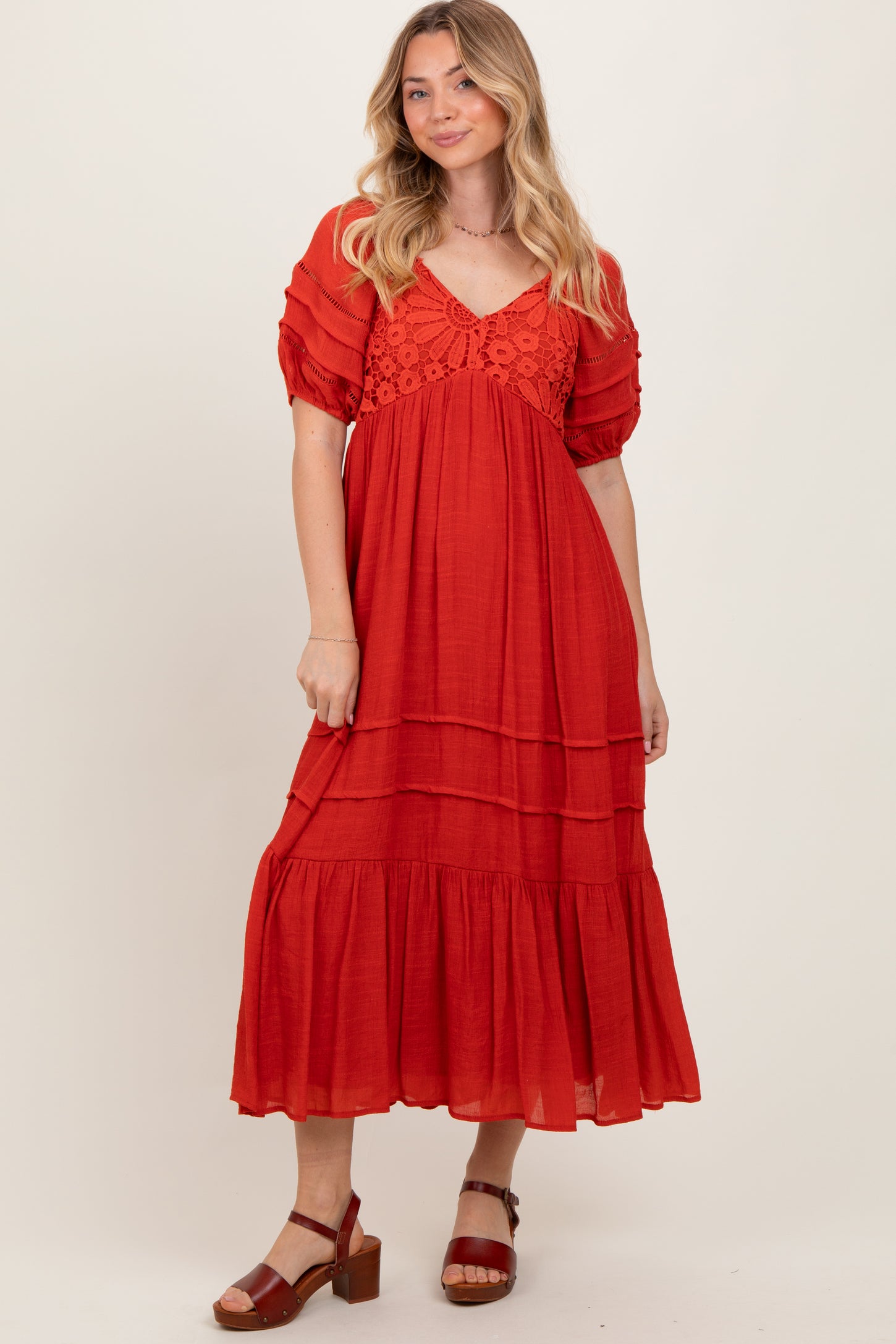 Rust Crochet Detail Bodice Maternity Midi Dress