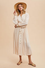Beige Belted Long Sleeve Maxi Dress