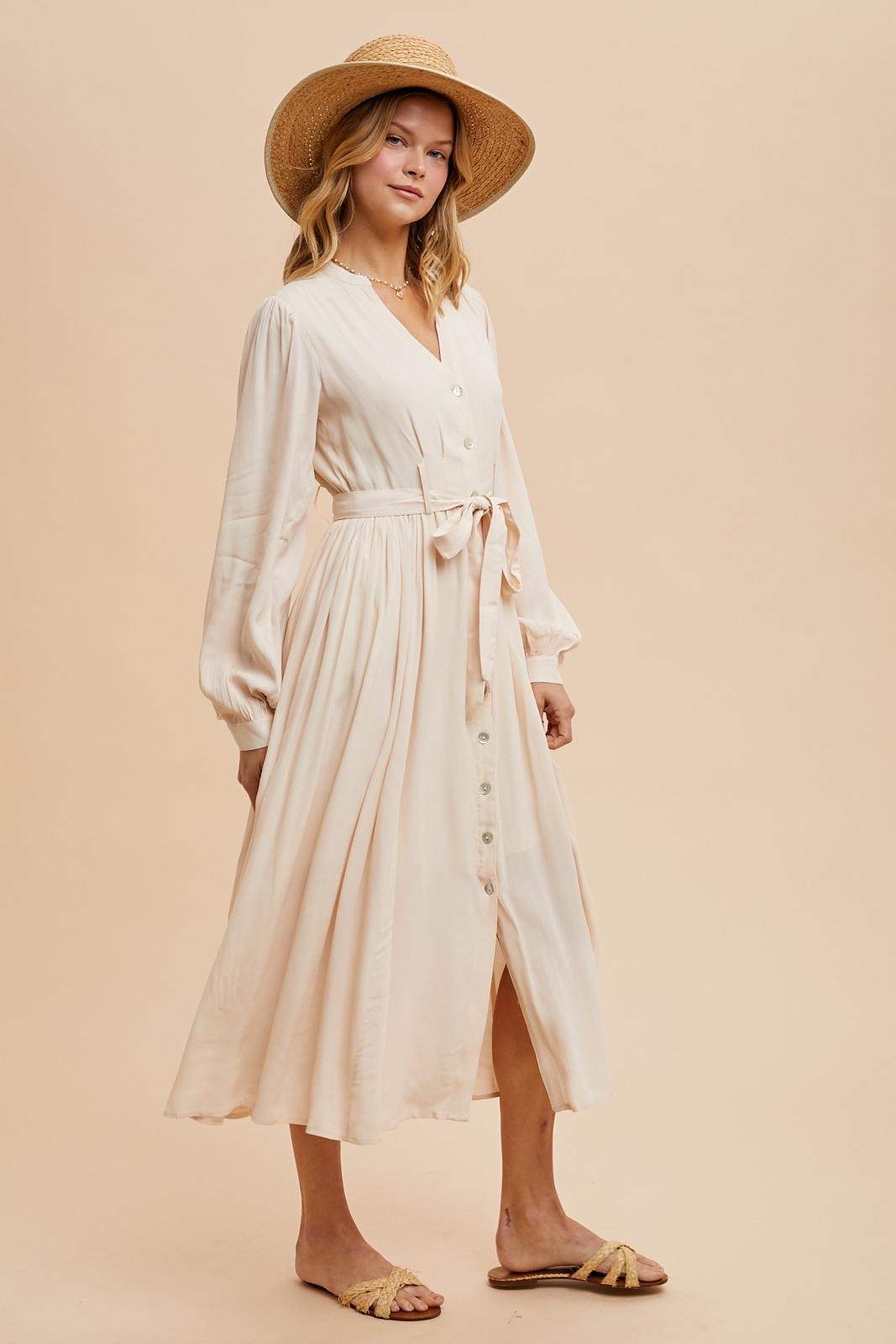 Beige Belted Long Sleeve Maxi Dress