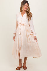 Beige Belted Long Sleeve Maternity Maxi Dress