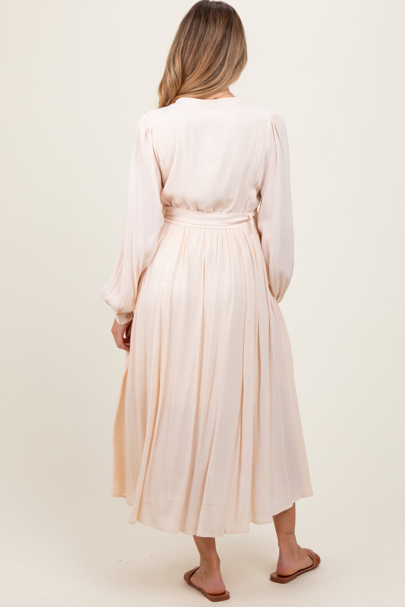 Beige Belted Long Sleeve Maternity Maxi Dress