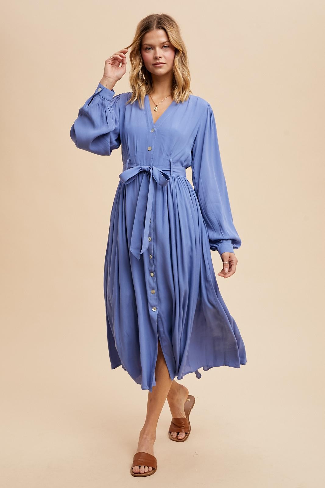 Blue Belted Long Sleeve Maxi Dress