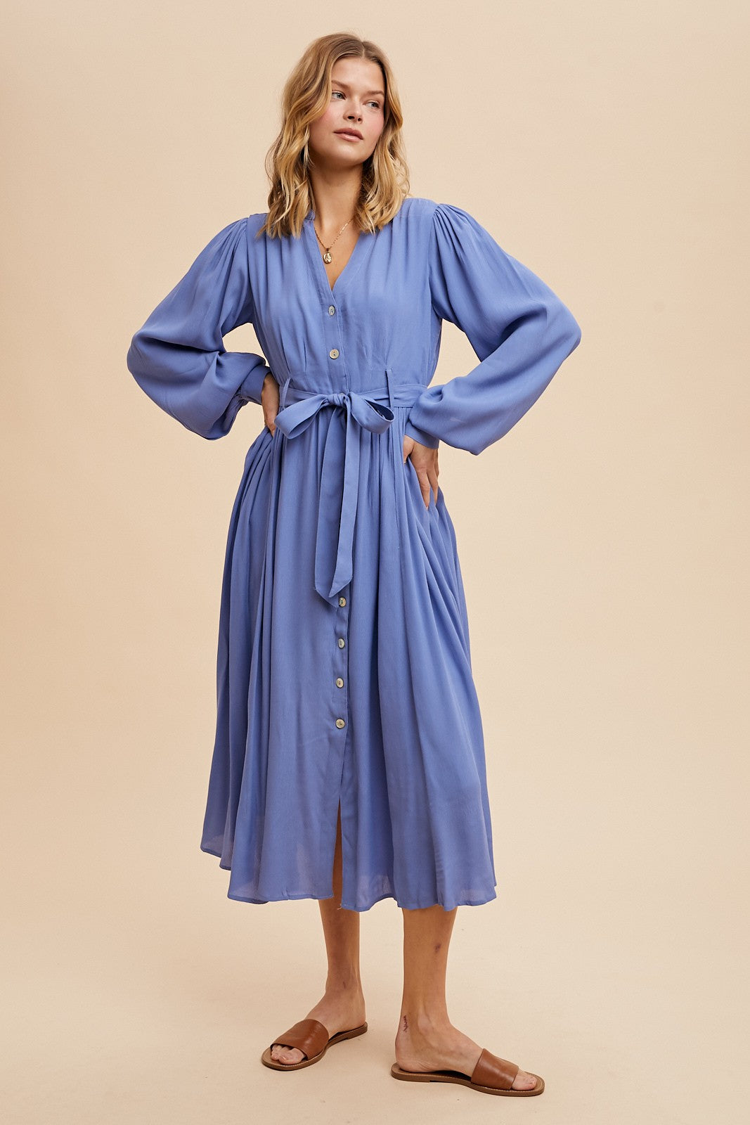 Blue Belted Long Sleeve Maxi Dress