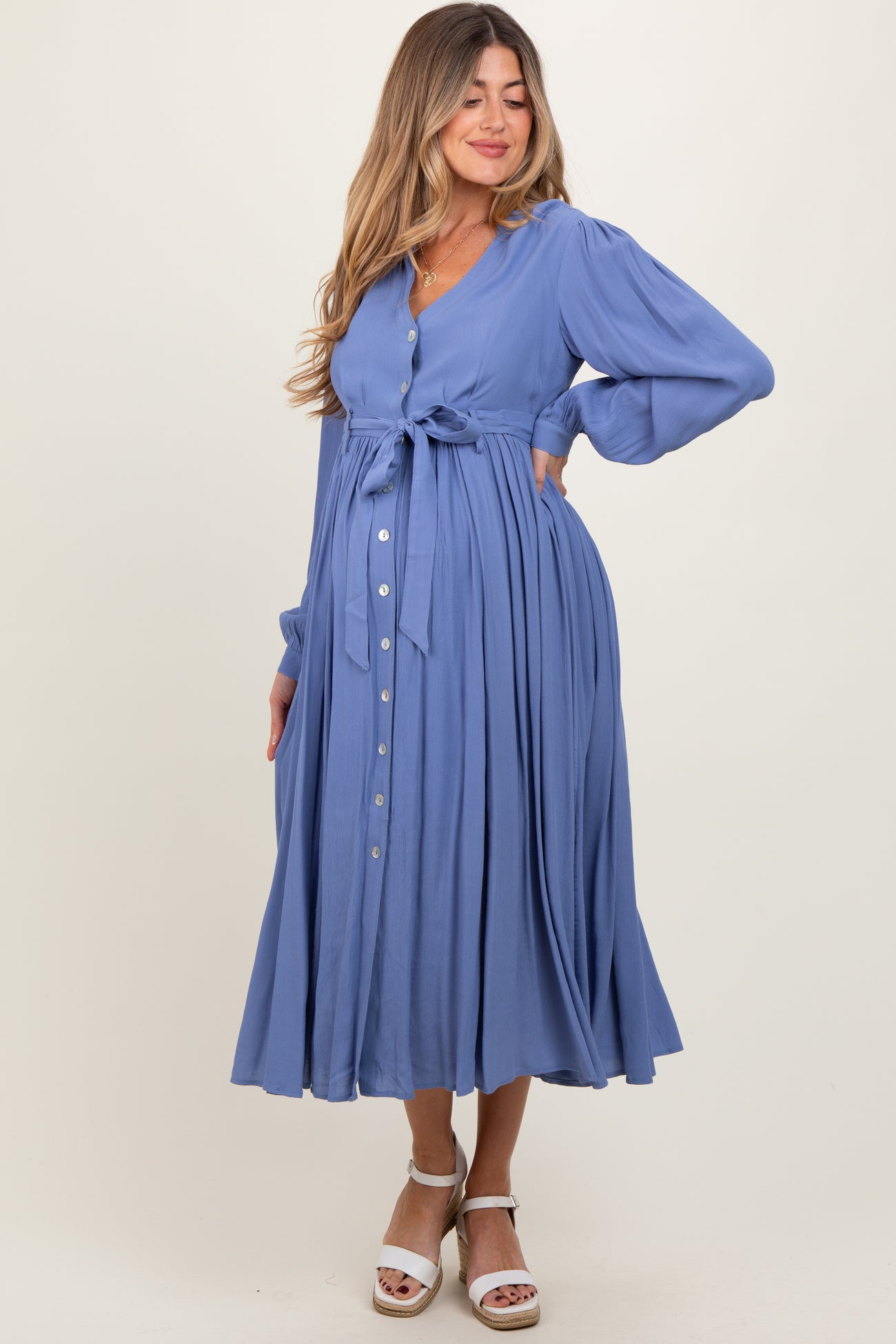 Blue Belted Long Sleeve Maternity Maxi Dress