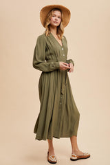 Olive Belted Long Sleeve Maxi Dress