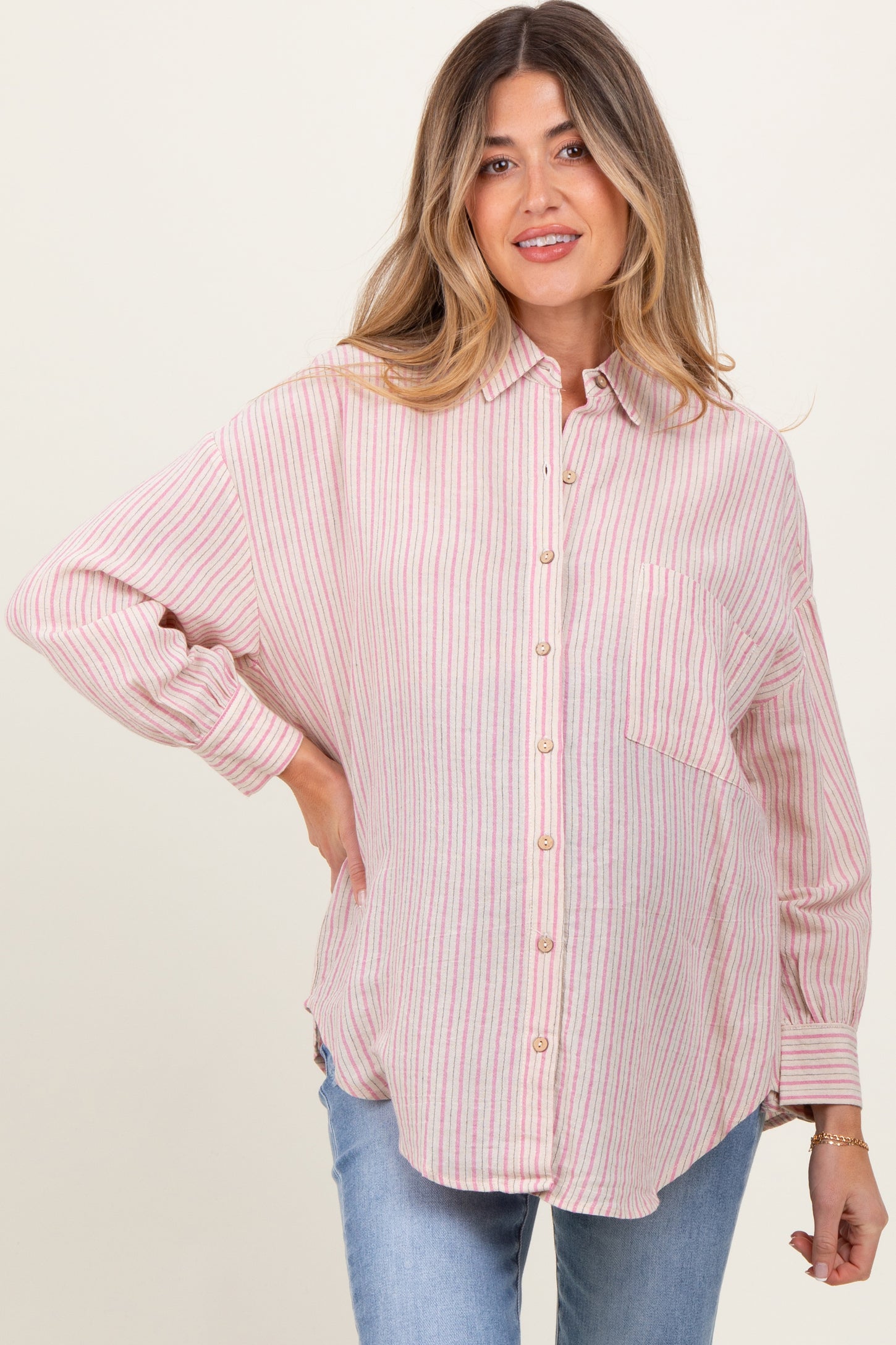 Pink Stripe Oversized Button Down Maternity Shirt